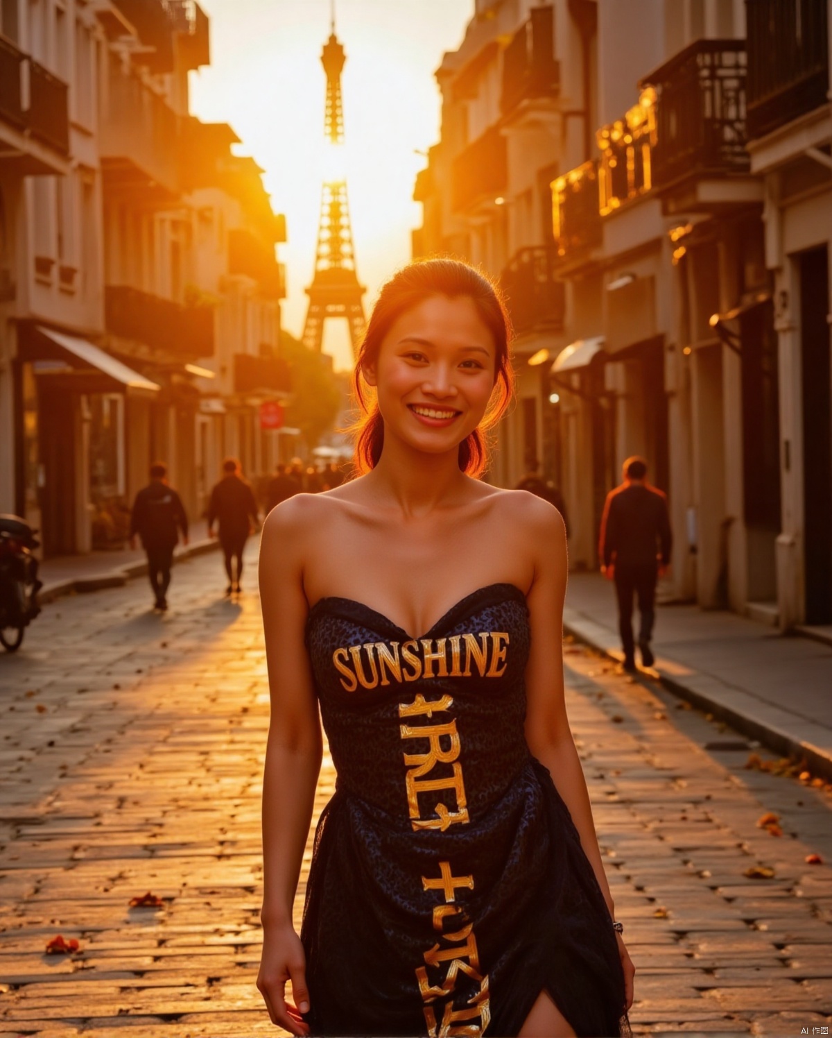 Here is a prompt for creating an exquisitely detailed image based on your description: A cinematic shot taken on the iconic Champs Elysées in Paris at dusk in autumn, as the sun dips below the horizon casting a warm glow (film grain: 1.2). A stunning Chinese woman, wearing a strapless low-cut long dress with intricate details and natural skin texture, stands out against the majestic Eiffel Tower's backdrop. Her radiant smile illuminates her deep cleavage, highlighting her plump breasts, as she proudly displays the bust of her dress featuring bold golden letters 'SUNSHINE'. The fallen leaves on the ground glisten with a warm golden light, reflecting the vibrant colors of the setting sun. Captured using Fujifilm XT3, in 4K resolution, this unity 8k wallpaper boasts ultra-detailed skin texture and finely detailed facial features, showcasing an exquisitely realistic masterpiece.