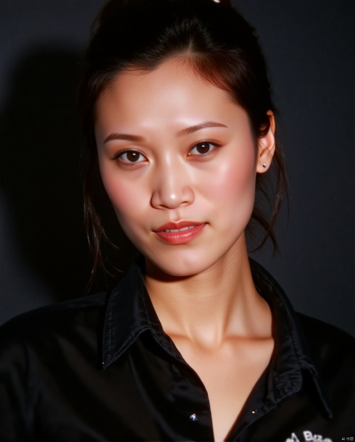 35mm film, one pretty girl, solo, updo, prefect face, makeup, big tits, cleavage, black shirt, looking at viewer, bright lights, softbox lighting, upper body, epiCPhoto,
