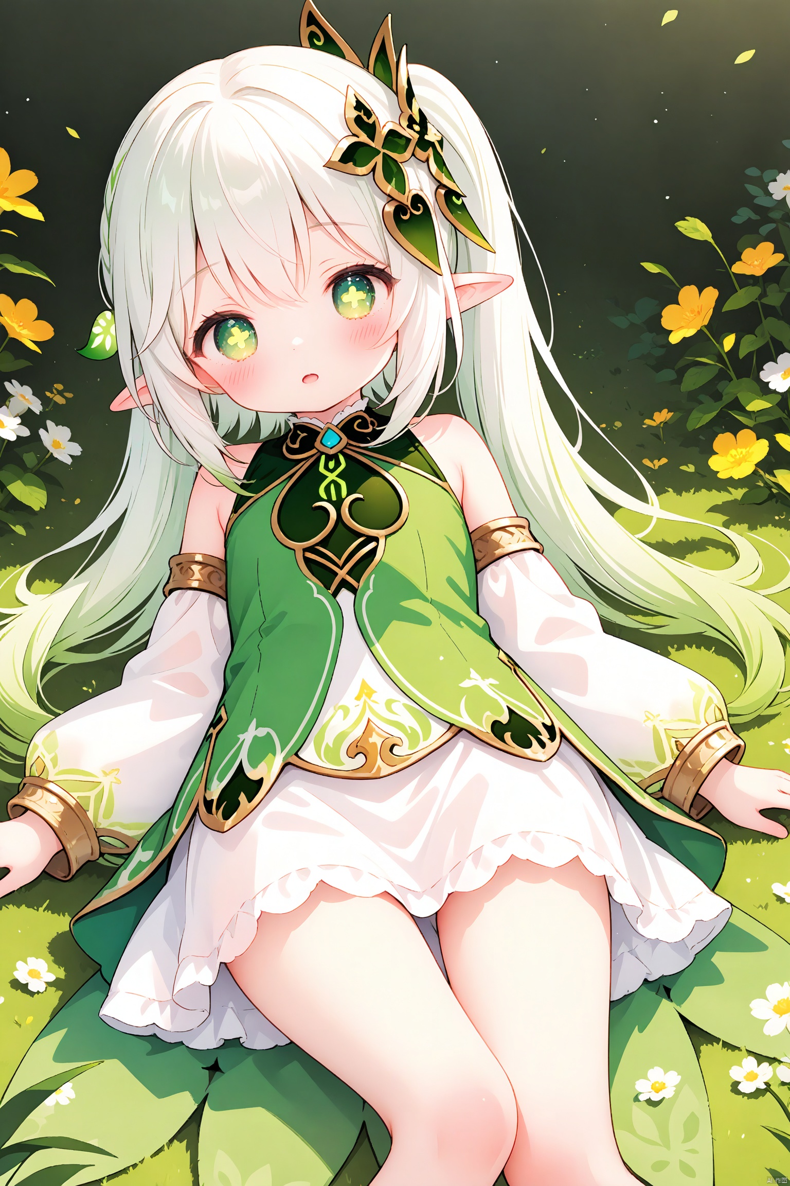loli,little_girl,petite,elf girl,pointy_ears, small breast, green eyes, symbol-shaped pupils, cross-shaped pupils, white hair, green hair, bangs, hair ornament, gradient hair, side tonytail, dress,