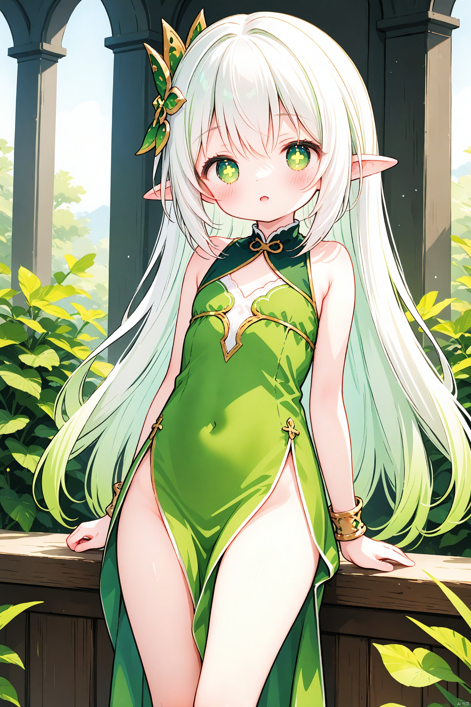 loli,little_girl,petite,elf girl,pointy_ears, small breast, green eyes, symbol-shaped pupils, cross-shaped pupils, white hair, green hair, bangs, hair ornament, gradient hair, side tonytail, dress,