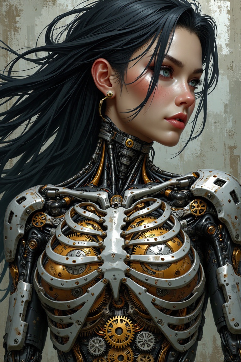 "illustration,  A stunning ballad woman in neutral reality,  with chest opening to reveal complex with intricate mechanica...