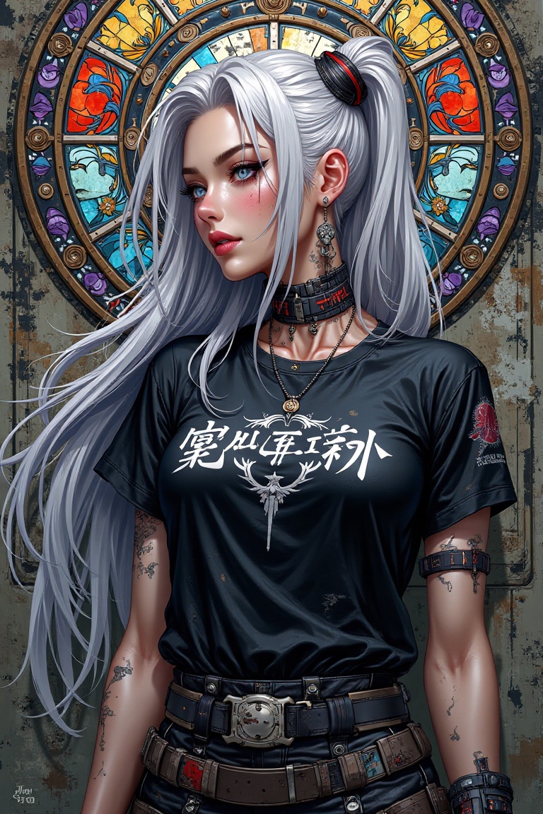 an illustration of a woman with a white hair wearing a black t shirt,  in the style of colorful fantasy,  cyberpunk manga...