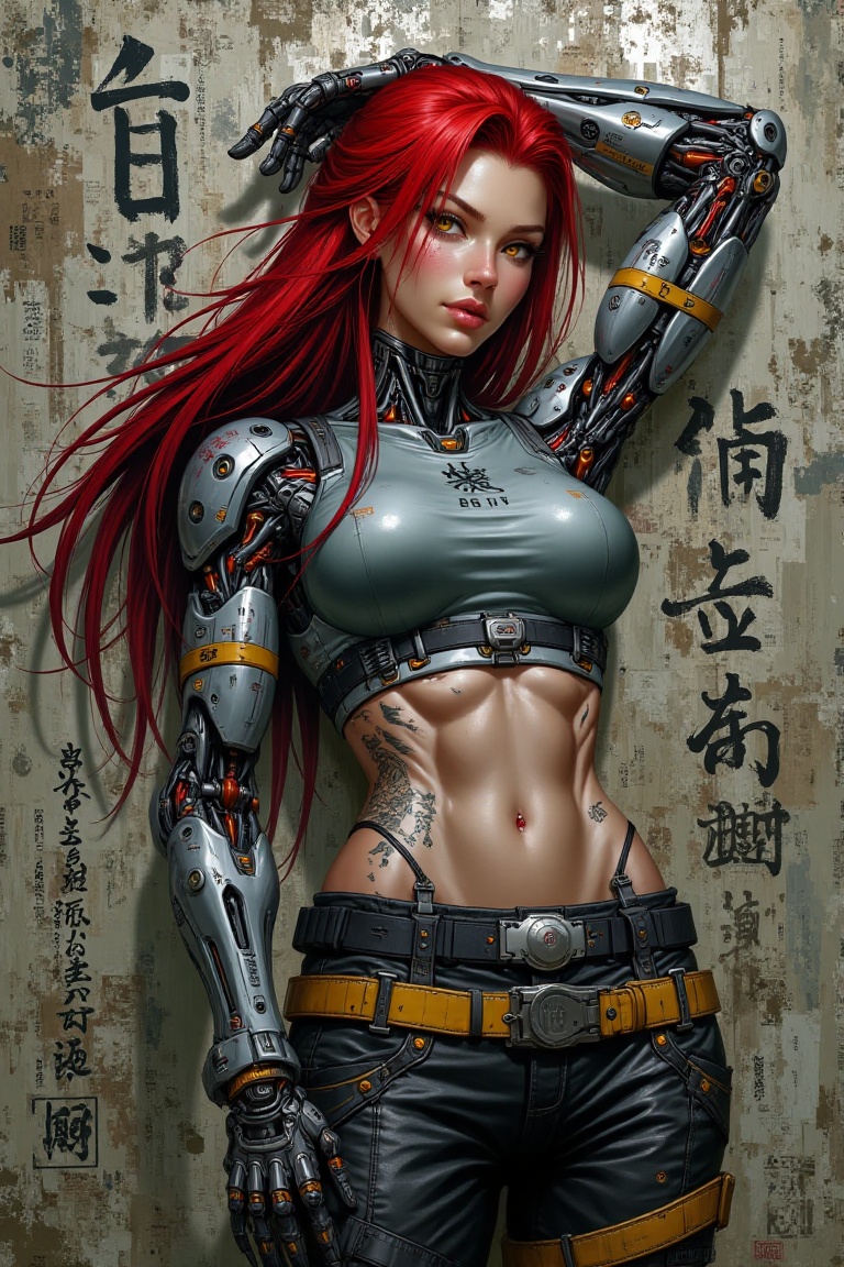 A striking cybernetic woman leans casually against a grunge-styled wall adorned with faded posters and graffiti-like symbo...