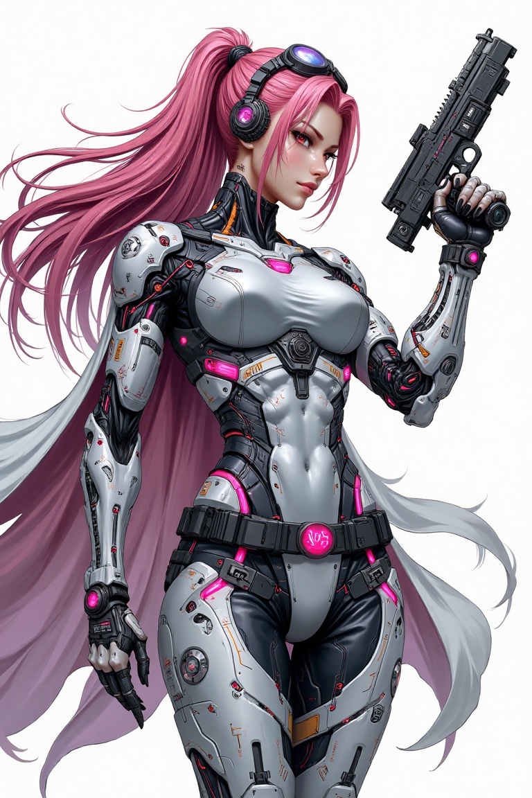 "illustration,  A futuristic female cyborg with sleek,  high-tech armor in a dynamic action pose on Tensor.Art
