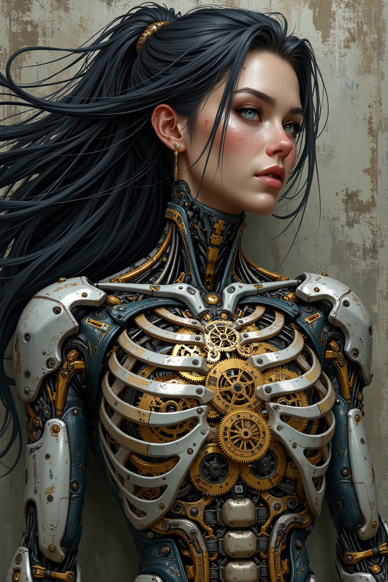 "illustration,  A stunning ballad woman in neutral reality,  with chest opening to reveal complex with intricate mechanica...