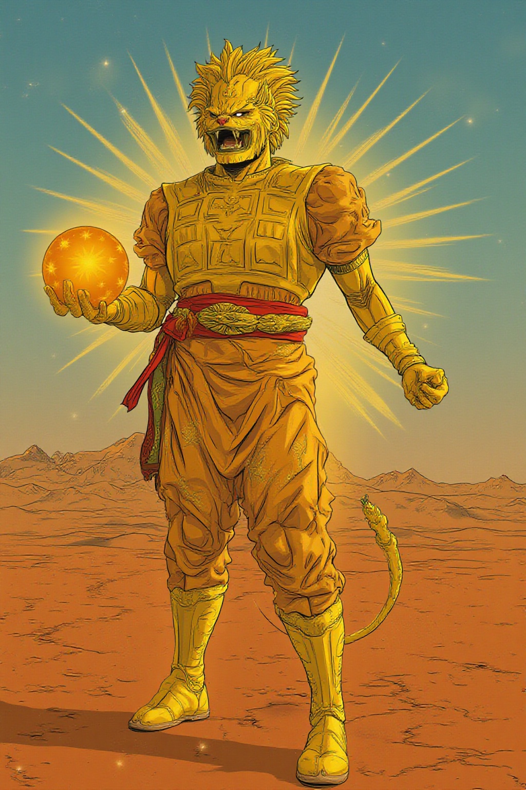 Super Saiyan Sphinx holding a golden ball with stars on it ,  illustration,  highly detailed environment on Tensor.Art
