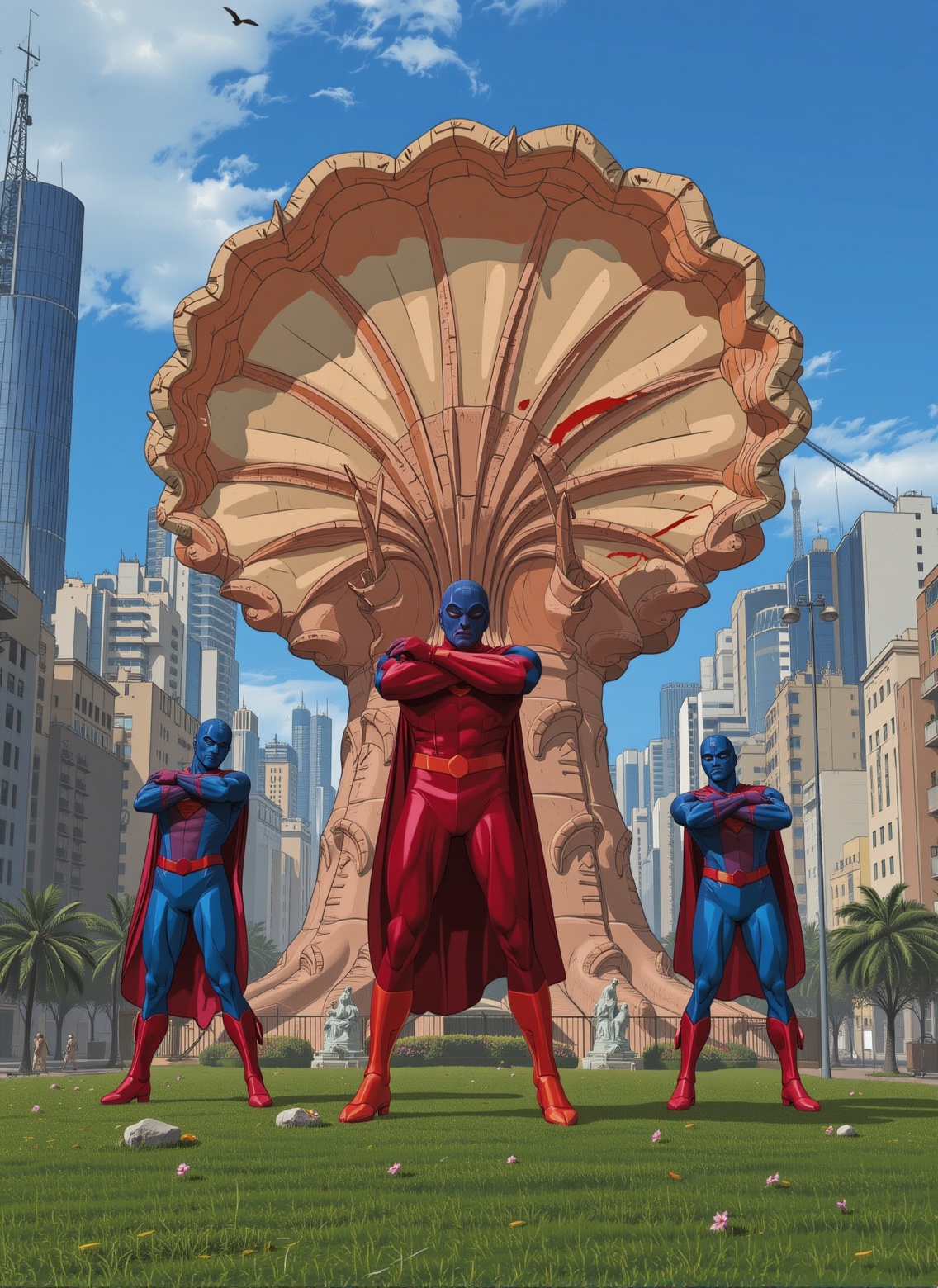 In the heart of a bustling city,  a group of superheroes dressed in vibrant red and blue hues stand tall,  their arms cros...