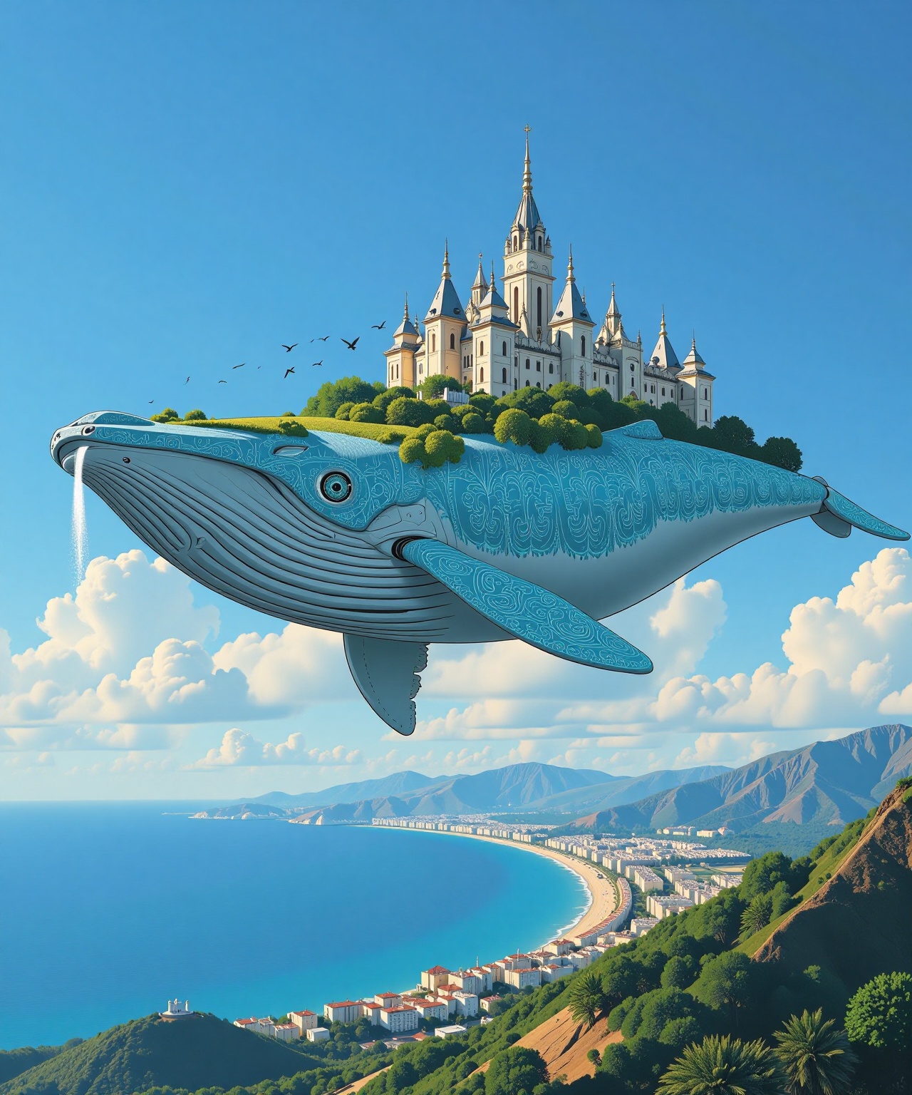 A colossal,  ethereal whale drifts through the sky,  carrying an entire futuristic city on its back. The whale’s sleek bod...