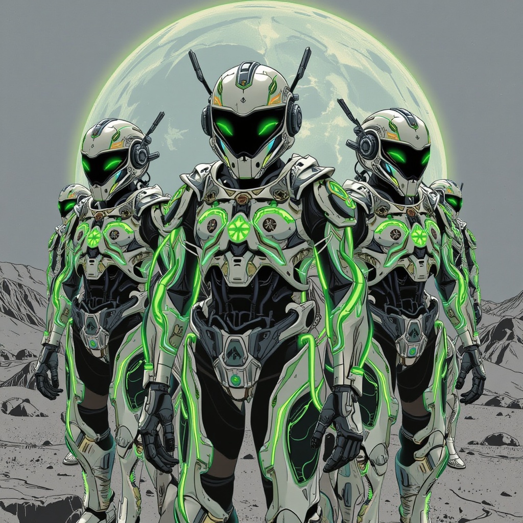 sci-fi style In a world where technology has grown,  lqftan is transformed into the style of koi. A group of sacred robots...