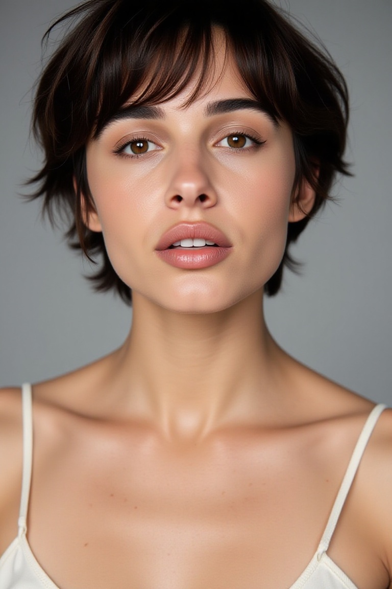 High quality realistic beauty shot of naomisflx. A close-up shot of a woman. She is wearing a camisole blouse. Her lips ar...