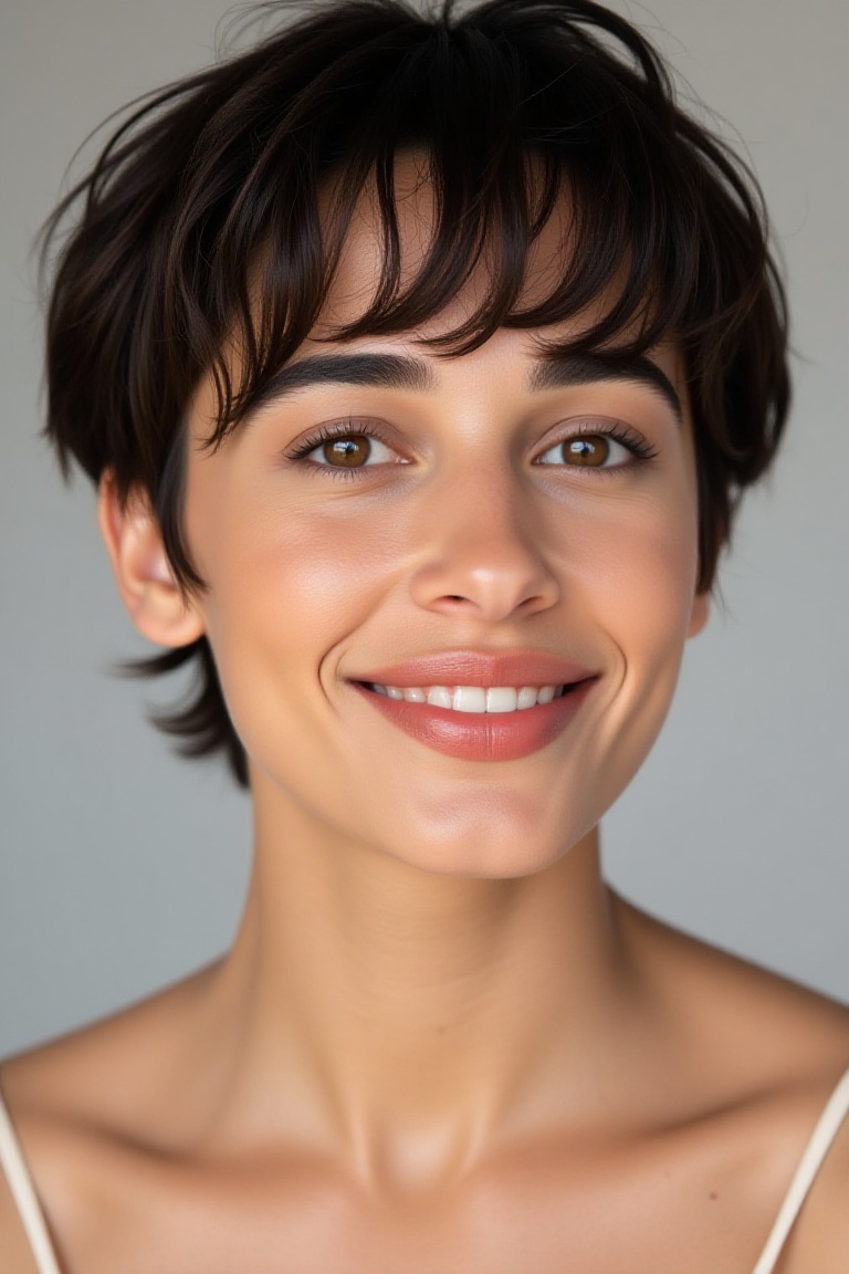 High quality realistic beauty shot of naomisflx. A close-up shot of a woman. She is wearing a camisole blouse. Her lips ar...