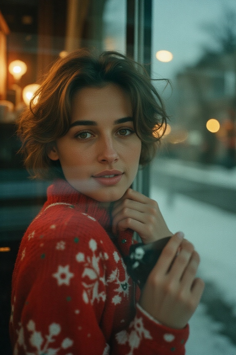 A captivating 35mm film shot unfolds,  and the camera captures a woman in a pose through a frosted window. Wearing a red C...