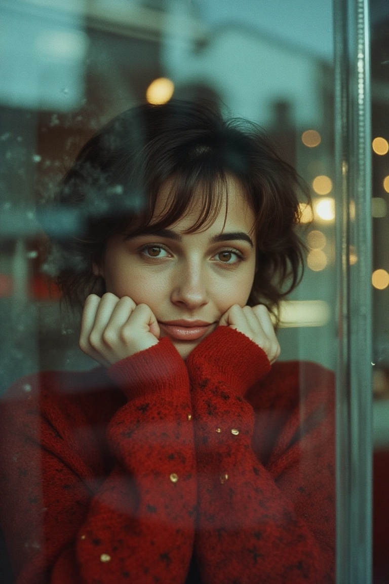 A captivating 35mm film shot unfolds,  and the camera captures a woman through a frosted window. Wearing a red Christmas s...