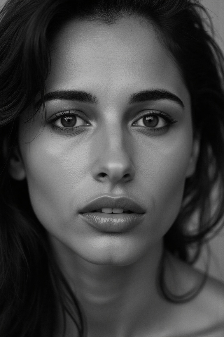 portrait inspired by Peter Lindbergh's photographic style of naomisflx,  a woman looking directly into the camera with an...