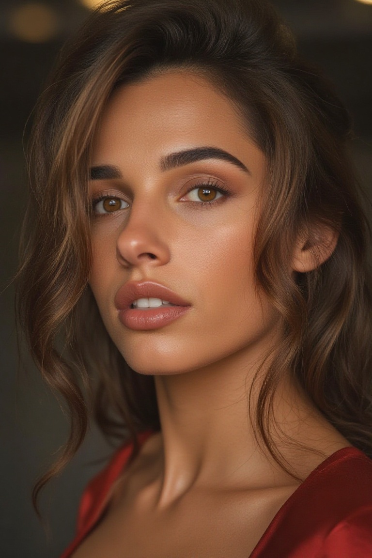 A high end beauty shot of a brunette model with dramatic eye make up and subtle blush. Close up photo with a clean backgro...