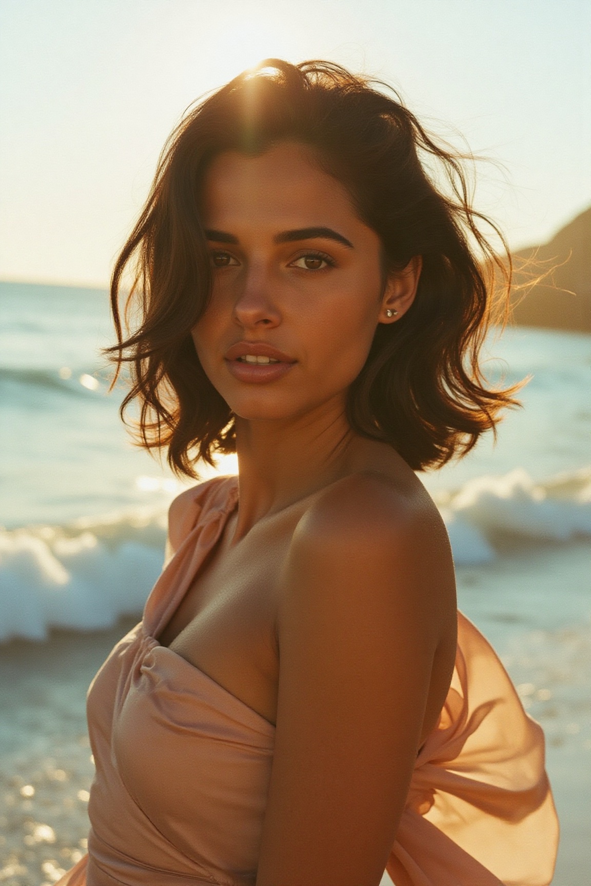 evamflx,  a stunning brunette woman with medium-length hair,  poses in a breathtaking outdoor setting on the beach. The ca...