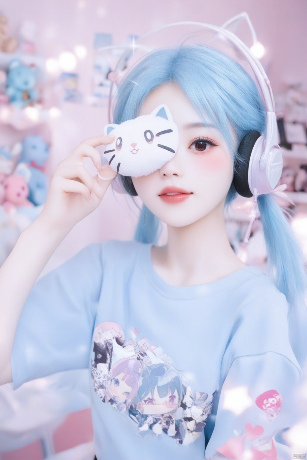 kawaii girl with soft aesthetic, ice blue long twin tails hair with straight bangs covering one eye, striking almond-shaped eyes with pink contacts and dramatic lashes, soft pale skin with rosy cheeks, wearing oversized light blue anime graphic t-shirt with manga character print in black and white, white and pink nekomimi headphones with fluffy cat ears, delicate heart-shaped face, soft ambient room lighting, pastel blue and pink color scheme, white gaming chair in background, cute plush toys on shelf, ethereal sparkle effects around face, professional beauty lighting setup, shot with Sony A7S III camera, 85mm portrait lens, shallow depth of field, high-key lighting style, ultra-detailed hair texture, glossy lips with subtle pink tint, cute kawaii hand gestures, highly detailed anime merchandise visible in shot, Japanese idol photo style, emphasis on large expressive eyes and innocent expression, 8k resolution, perfect cosplay makeup application, soft dreamy atmosphere,cute girl,photorealistic,