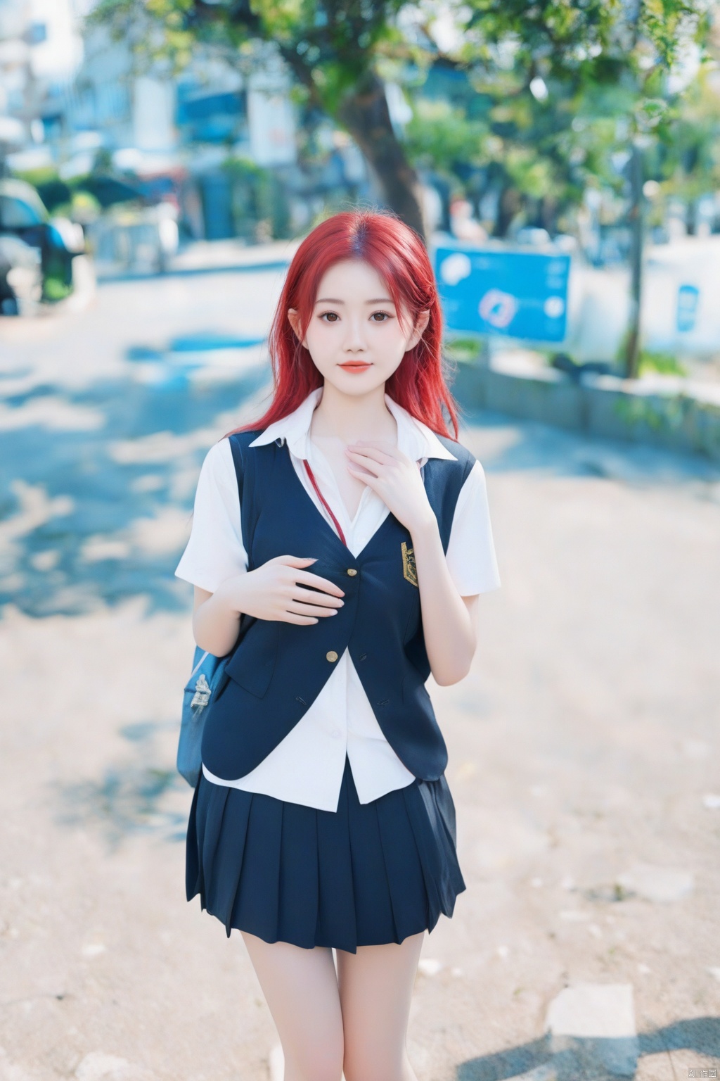 1girl, red hair, hand on own chest, school uniform,