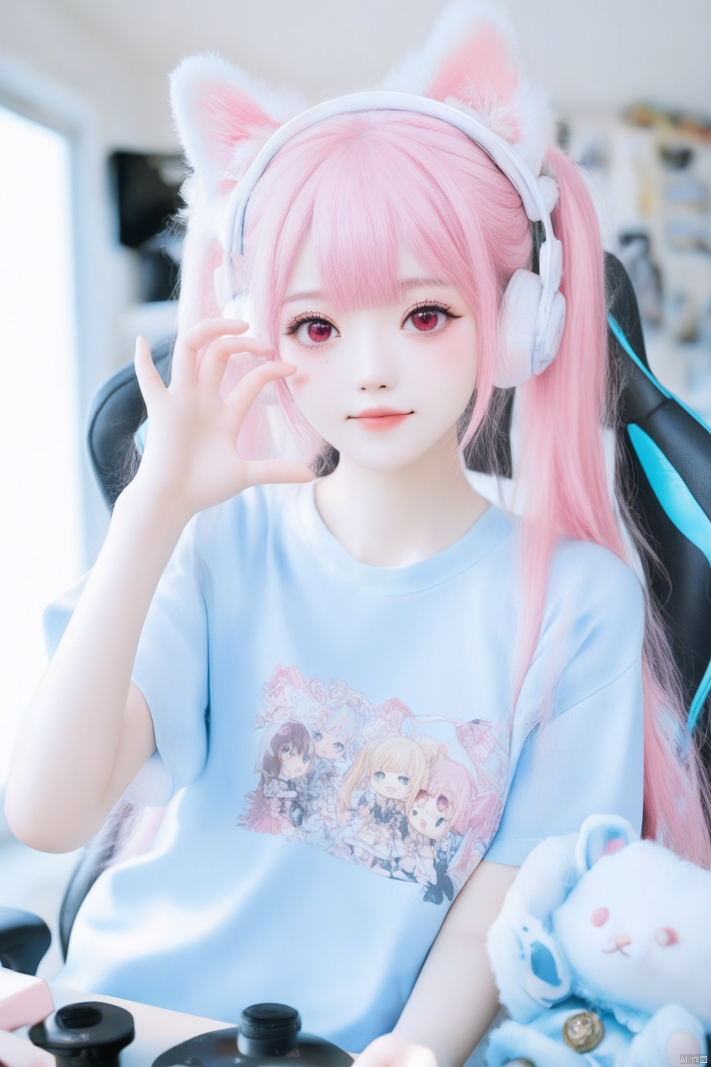 kawaii girl with soft aesthetic, ice blue long twin tails hair with straight bangs covering one eye, striking almond-shaped eyes with pink contacts and dramatic lashes, soft pale skin with rosy cheeks, wearing oversized light blue anime graphic t-shirt with manga character print in black and white, white and pink nekomimi headphones with fluffy cat ears, delicate heart-shaped face, soft ambient room lighting, pastel blue and pink color scheme, white gaming chair in background, cute plush toys on shelf, ethereal sparkle effects around face, professional beauty lighting setup, shot with Sony A7S III camera, 85mm portrait lens, shallow depth of field, high-key lighting style, ultra-detailed hair texture, glossy lips with subtle pink tint, cute kawaii hand gestures, highly detailed anime merchandise visible in shot, Japanese idol photo style, emphasis on large expressive eyes and innocent expression, 8k resolution, perfect cosplay makeup application, soft dreamy atmosphere,cute girl,photorealistic,