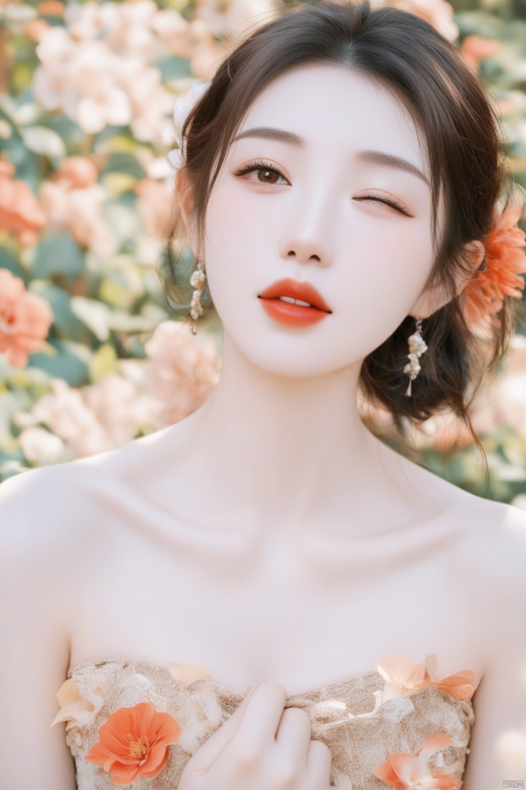 Woman's secrets whispered in twilight's hush: A Wong Kar Wai-esque close-up captures the mystery of a lone female, her raven tresses adorned with a vibrant red flower. Half-bodies entwined with pink and orange blooms, as if trying to conceal truths behind her striking red lips. One eye veiled, she gazes directly at us, collarbone and bare shoulders framing the beauty within. Shot on Fujifilm 100mm lens, filtered through film grain texture, color temperature set at 3200K, with a whisper of twilight's warmth.