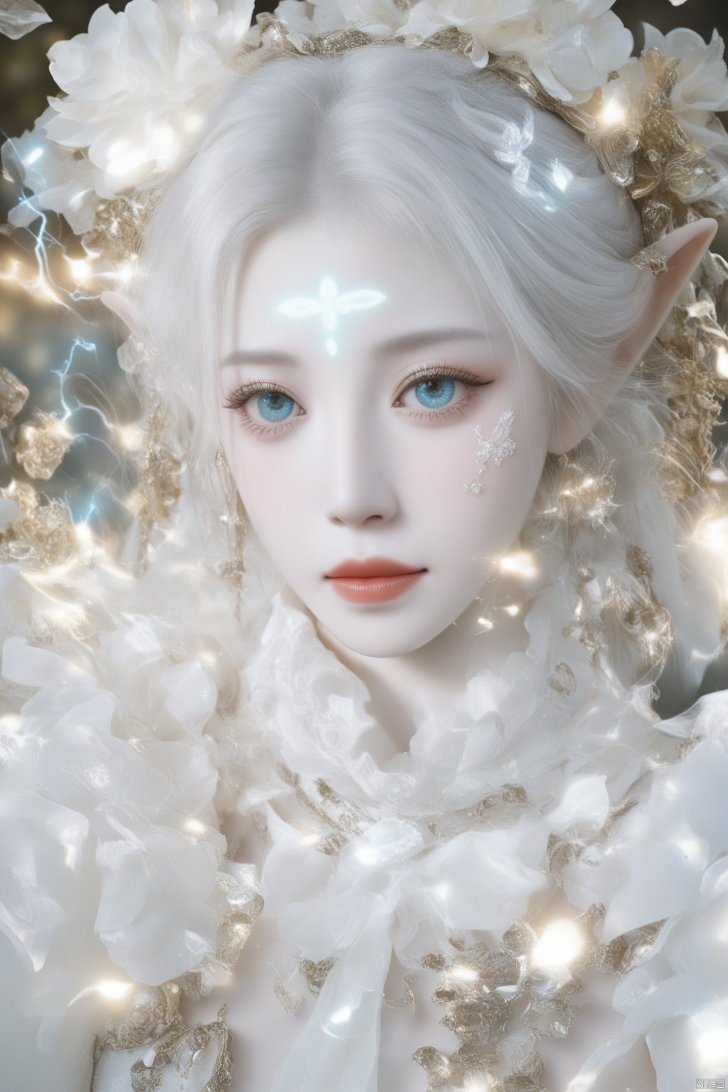 Create a highly detailed close-up image of a fantasy elf’s face, blending elements of cinematic art and modern digital design. Her pale skin glows with a soft, ethereal light, intricately adorned with golden, cracked patterns that evoke the delicate art of kintsugi, tracing along her features with a mystical glow. These patterns intertwine with neon tattoos, forming geometric shapes that pulse with a magical energy. Her large, mesmerizing eyes shift between shades of deep teal and oceanic blue, as if holding the mysteries of the sea within them, drawing the viewer into her intense, calm gaze. ..,(her hand crackling with huge electricity power as she gazes directly at the camera))
