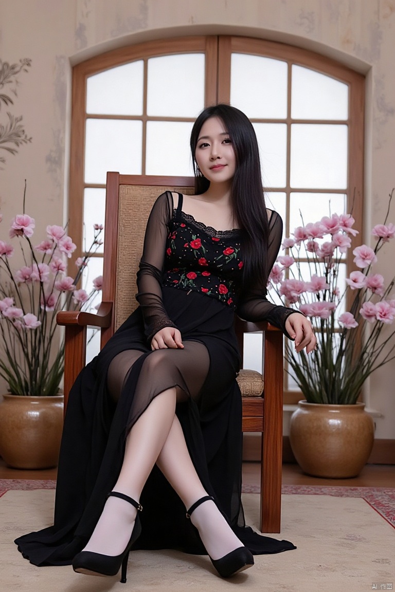 A photo of a Japanese female celebrity sitting on a Chinese style grand chair, this is a high-resolution professional photo taken of a young Asian woman with a smile on her face and long black hair hanging down on her back,
She was wearing a long dress made of black chiffon fabric with exquisite embroidery details, and a black lace shirt on top, adorned with headwear and necklace,
She was wearing suspender socks on her slender legs, with her right leg resting on the calf of her left leg, and wearing black high heels,She leaned against the back of the chair,Behind the chair are two pots of blooming plum blossoms
The chair she was sitting on was made of rosewood, with carved peonies and hollow details on it, The background consists of a lightly weathered light beige wall and a huge arched window, allowing natural light to shine into the scene, creating a soft and ethereal glow. The window frame is also made of wood, showing the traces of time and adding a rustic and retro atmosphere. The overall atmosphere of the photo is elegant, mysterious, and exquisite, with the serene expression of the woman and dramatic lighting enhancing the eternal beauty, (White suspender stockings:1.3),
