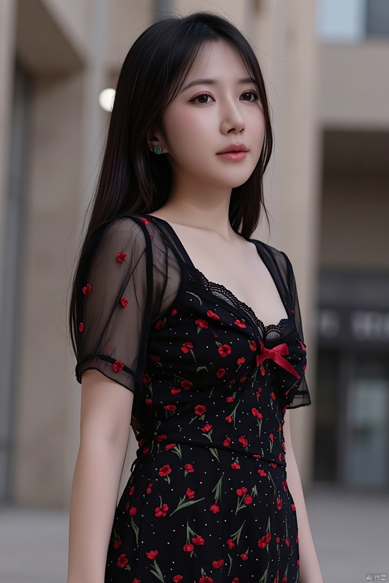 Top of the line CG,highest image quality,masterpiece,exquisite and delicate beautiful girl,175cm beautiful woman,Thin,tall and slender figure,imperial sister,queen temperament,fair skin,((long legs)),perfect facial features,bright eyes,seductive posture,red lips,beautiful and cold (big breaks)),beautiful and heroic,soft and long hair,sparkling,lace edge,mesh,visible skin through perspective,diamond earrings,ruby necklace,(evening dress),8k image quality,(realistic portrait),characters fill the screen,(Facial lighting),((Standing),street scenery,film,(Black clothes:1.5)