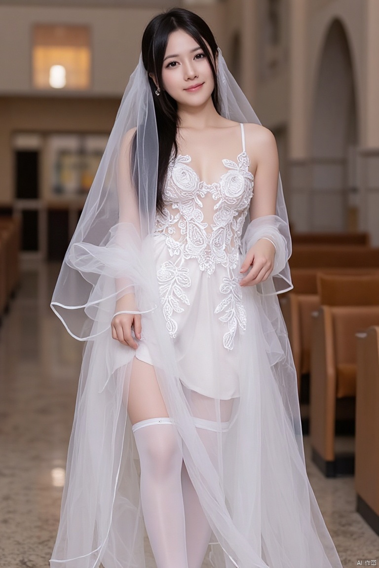 1girl,solo,long hair,looking at viewer,black hair,thighhighs,(silvery high heels:1.3),wedding Dress,brown eyes,jewelry,full body,standing,(smile:1.1),flower,earrings,(White wedding dress:1.3),(Wearing a white transparent long veil on the head:1.5),lips,bare shoulders,lace,(White shiny pantyhose:1.5),long legs,(dance:1.3),dynamic pose,realistic, In the church,