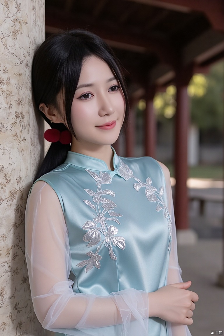A full body photo of a Japanese female celebrity, this is a high-resolution professional photo taken of a young Asian woman with a smile on her face and long black hair hanging down on her back,
A Japanese female celebrity wearing a light blue silk cheongsam leaned against a stone pillar in the exhibition hall, with a beautiful face and gentle temperament. Her hair was tied in a bun and a wooden hairpin was inserted. The cheongsam was tailored to fit well, and the delicate silk fabric shimmered with a faint light. The collar and cuffs were embroidered with exquisite silver orchid patterns
The ancient pavilion is made of vermilion lacquer and wood, with upturned eaves and copper bells hanging from the eaves. Inside, there are round stone tables and chairs, carved columns with flowers and birds, and painted with colored paintings on the top,
The lake outside the pavilion is clear and green with willows, and the bamboo path is secluded. The white walls, black tiles, and houses are interspersed with flowers,
The afternoon sun shines through the branches and leaves, illuminating women, pavilions, and gardens with golden light, forming a warm yellow halo and mottled shadow
