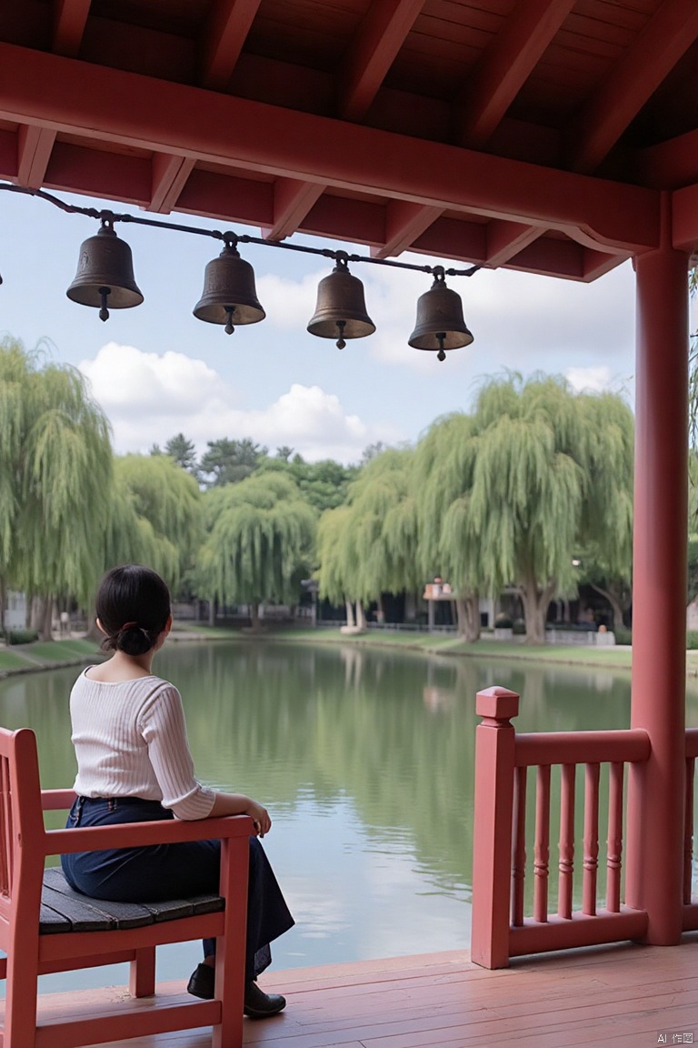 A photo of a Japanese female celebrity sitting in a pavilion in a Suzhou garden,
This pavilion has an antique charm, with a wooden structure and a bright red paint color that is both ancient and heavy. The eaves are raised high, like a flying bird trying to flap its wings and fly high. There are several strings of copper bells hanging under the eaves, and the breeze blows by, making the bell sound clear and pleasant.
Looking out from the pavilion, what catches the eye is a clear and green artificial lake. The lake water is calm, reflecting the blue sky, white clouds, and lush green trees. The lake is surrounded by graceful weeping willows, which hang into the lake and stir the surface of the lake.