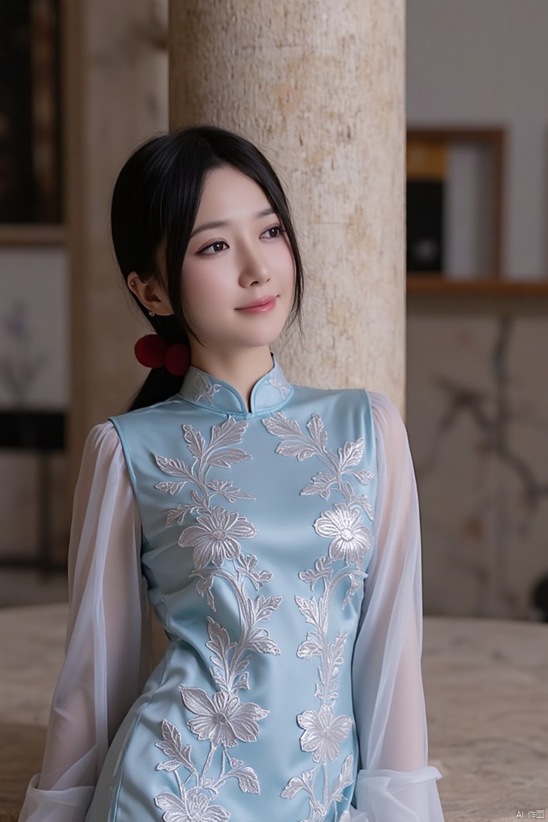 A full body photo of a Japanese female celebrity, this is a high-resolution professional photo taken of a young Asian woman with a smile on her face and long black hair hanging down on her back,
A Japanese female celebrity wearing a light blue silk cheongsam leaned against a stone pillar in the exhibition hall, with a beautiful face and gentle temperament. Her hair was tied in a bun and a wooden hairpin was inserted. The cheongsam was tailored to fit well, and the delicate silk fabric shimmered with a faint light. The collar and cuffs were embroidered with exquisite silver orchid patterns
The ancient pavilion is made of vermilion lacquer and wood, with upturned eaves and copper bells hanging from the eaves. Inside, there are round stone tables and chairs, carved columns with flowers and birds, and painted with colored paintings on the top,
The lake outside the pavilion is clear and green with willows, and the bamboo path is secluded. The white walls, black tiles, and houses are interspersed with flowers,
The afternoon sun shines through the branches and leaves, illuminating women, pavilions, and gardens with golden light, forming a warm yellow halo and mottled shadow
