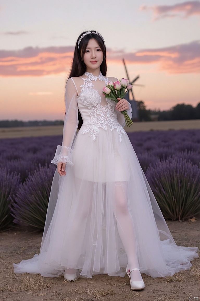 1girl,Chinese beauties,solo,long hair,looking at viewer,smile,wedding dress,brown hair,black hair,long sleeves,standing,full body,White French wedding dress,flower,hairband,outdoors,parted lips,nail polish,sandals,flower,toenails,toenail polish,(In the distance is a vast lavender field under the sunset:1.1),(White glossy pantyhose:1.5),((Long legs)),windmill,(white high heels:1.5),(wedding dress mops the floor:1.2),(Colorful clouds:1.1),Dutch windmill,(sunset:1.2),