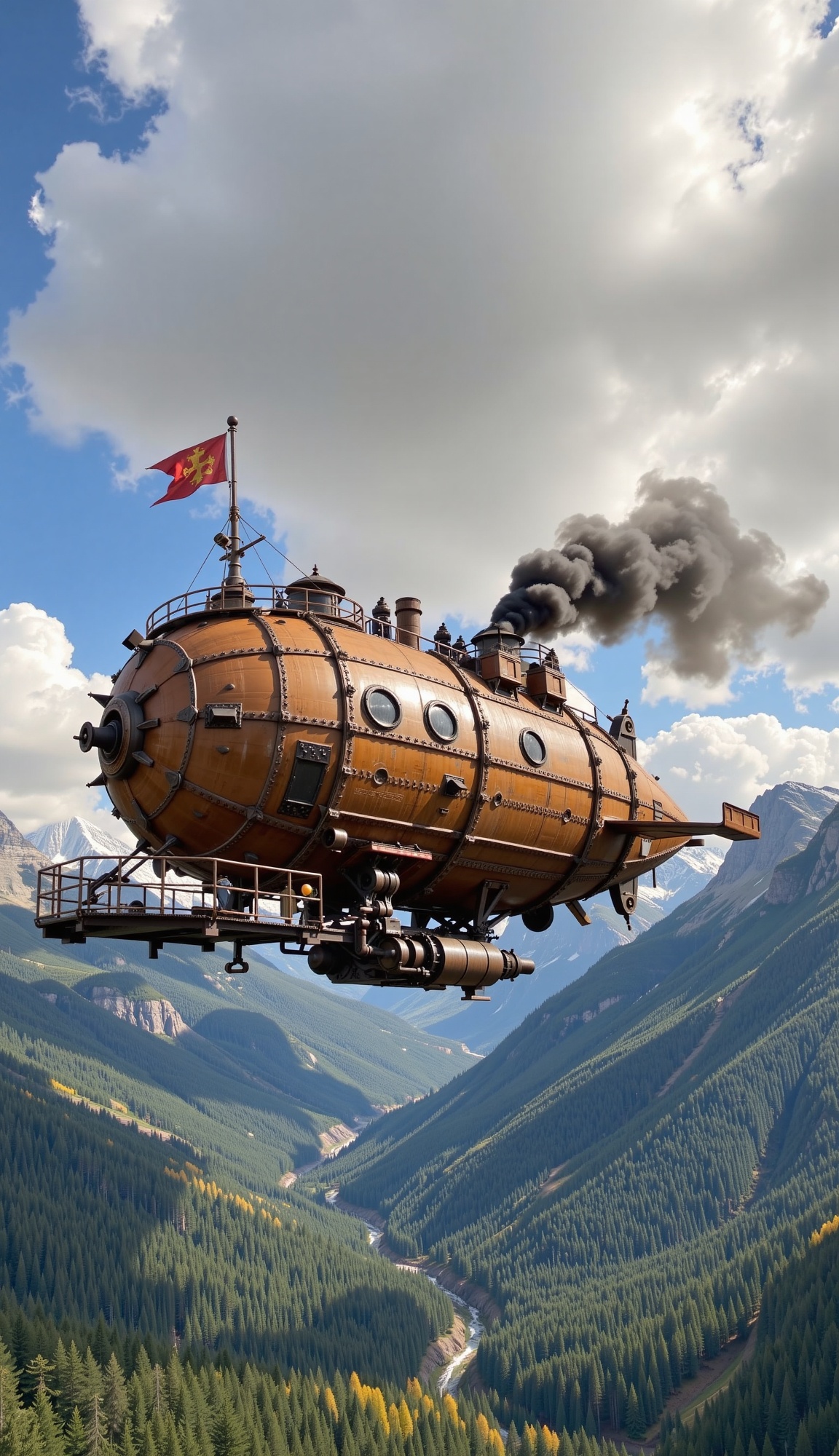 A slightly low-angle,  close-up shot showcases a magnificent steampunk airship soaring through a breathtaking mountainous...