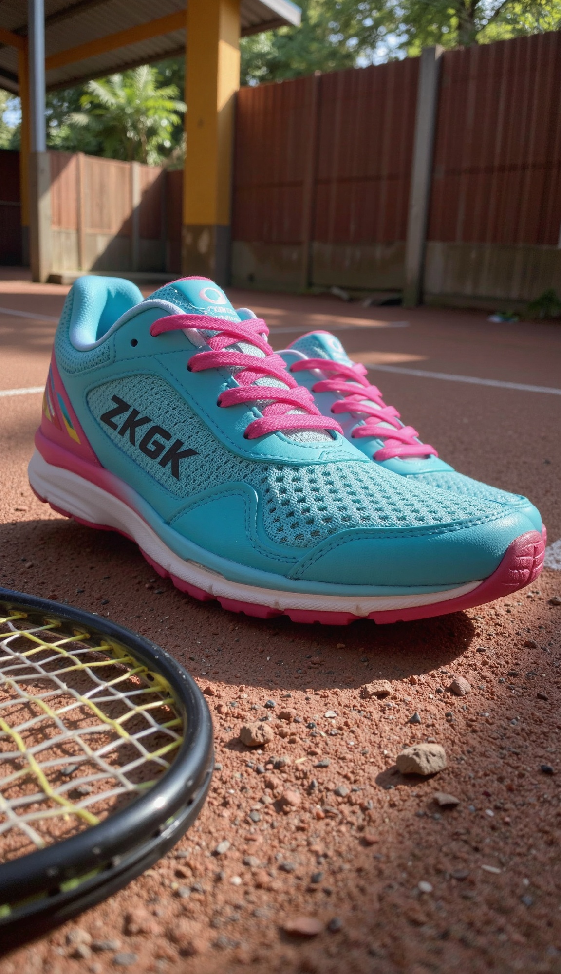 Bright,  diffused sunlight from the upper left softly illuminates two ZKGK badminton shoes in a slightly high-angle macro...