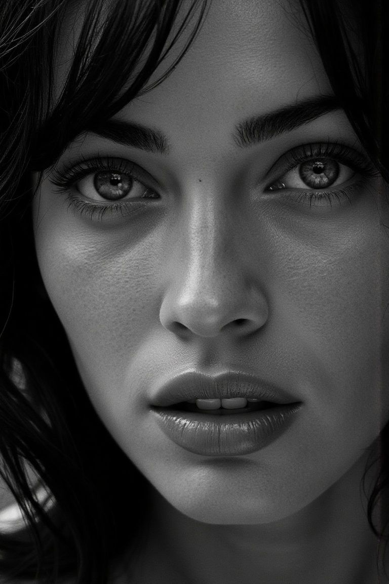 portrait inspired by Peter Lindbergh's photographic style of meganflx,  a woman looking directly into the camera with an i...
