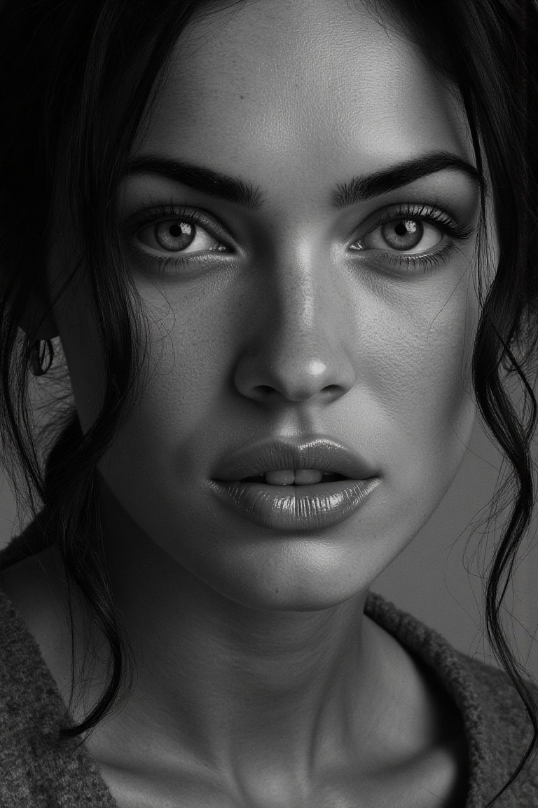 portrait inspired by Peter Lindbergh's photographic style of meganflx,  a woman looking directly into the camera with an i...