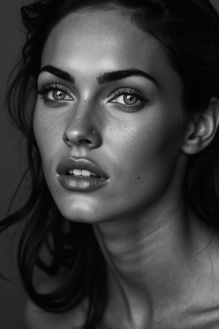 portrait inspired by Peter Lindbergh's photographic style of meganflx,  a woman looking directly into the camera with an i...
