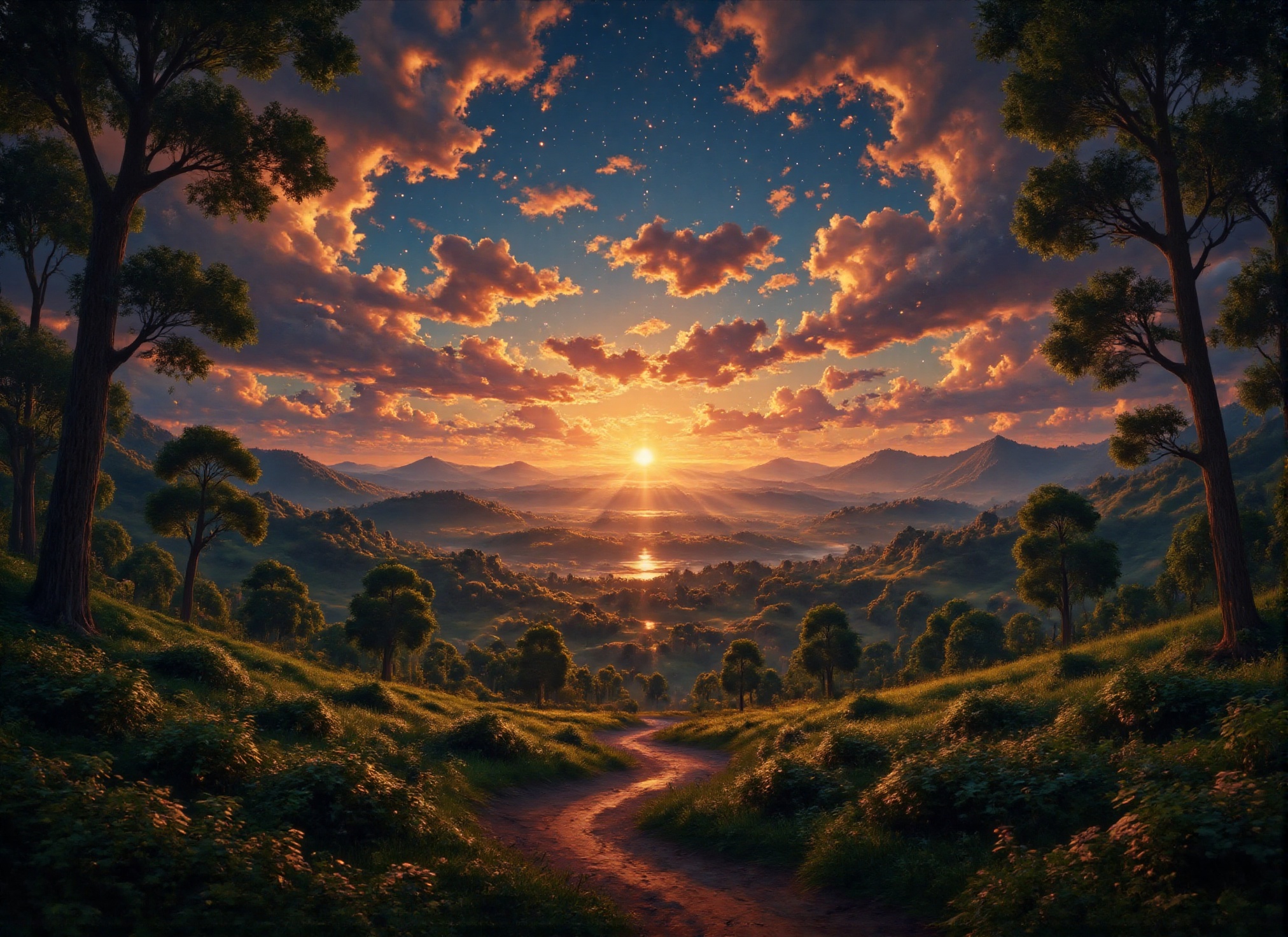 A beautiful colorful sunset sky in a style of Studio Ghibli. Rendered in Unreal Engine 5 and Award winning and Octane Rend...