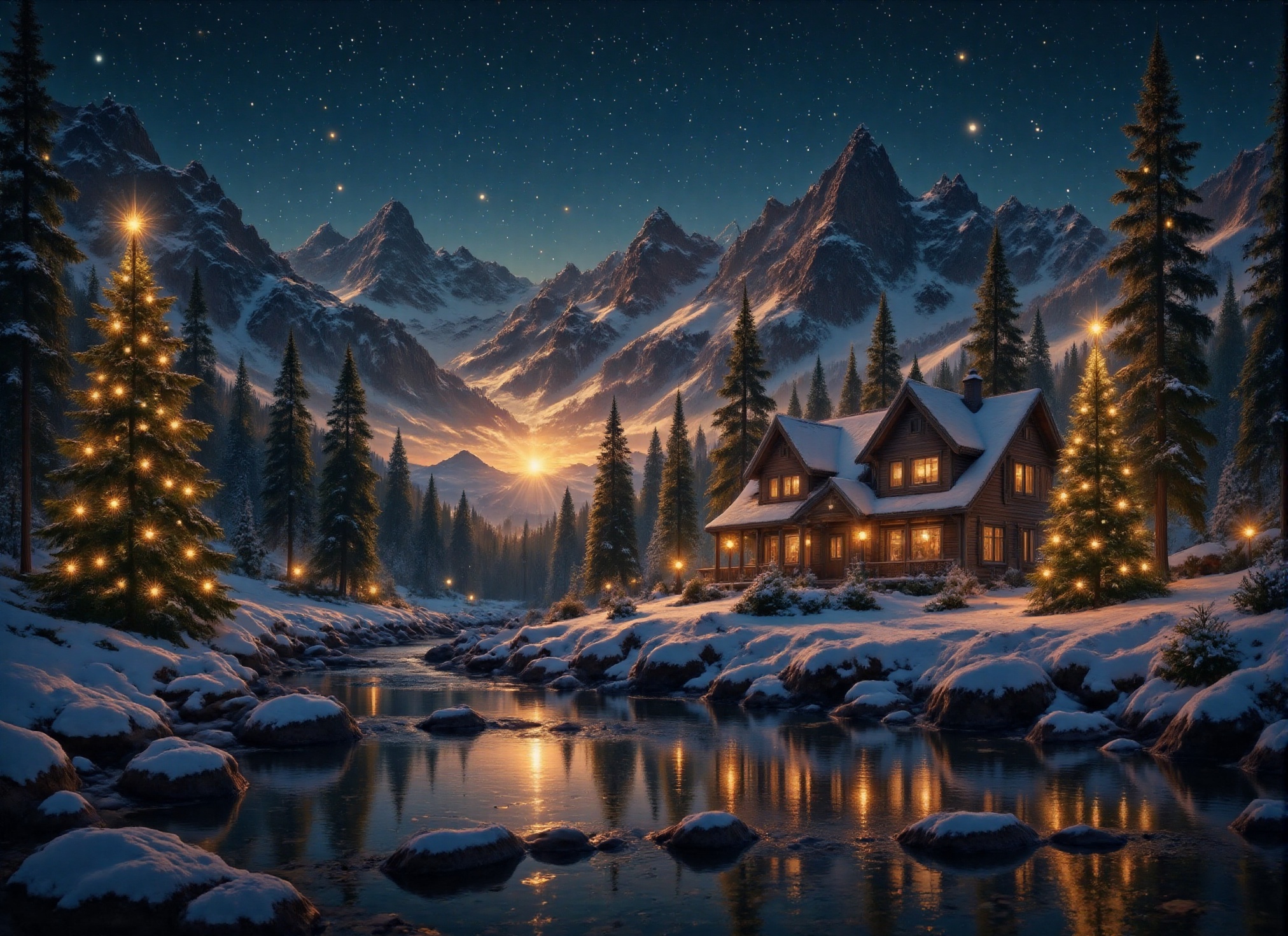 A calm winter landscape with a winding river reflecting a bright sunset. In the background rise majestic snow-capped mount...