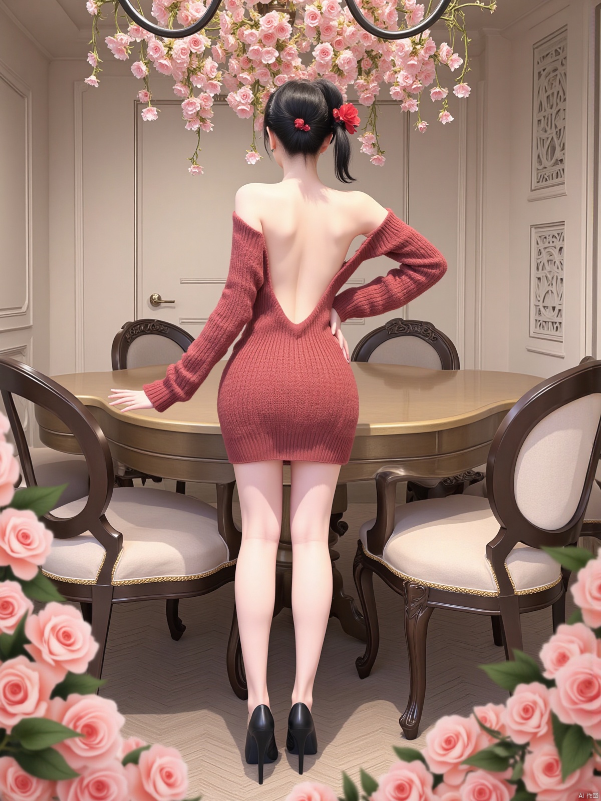 Realistic photo, 1girl, back view, fashionable bun, fair skin, backless sweater dress, long legs, high heels, full body, luxury living room, flowers,