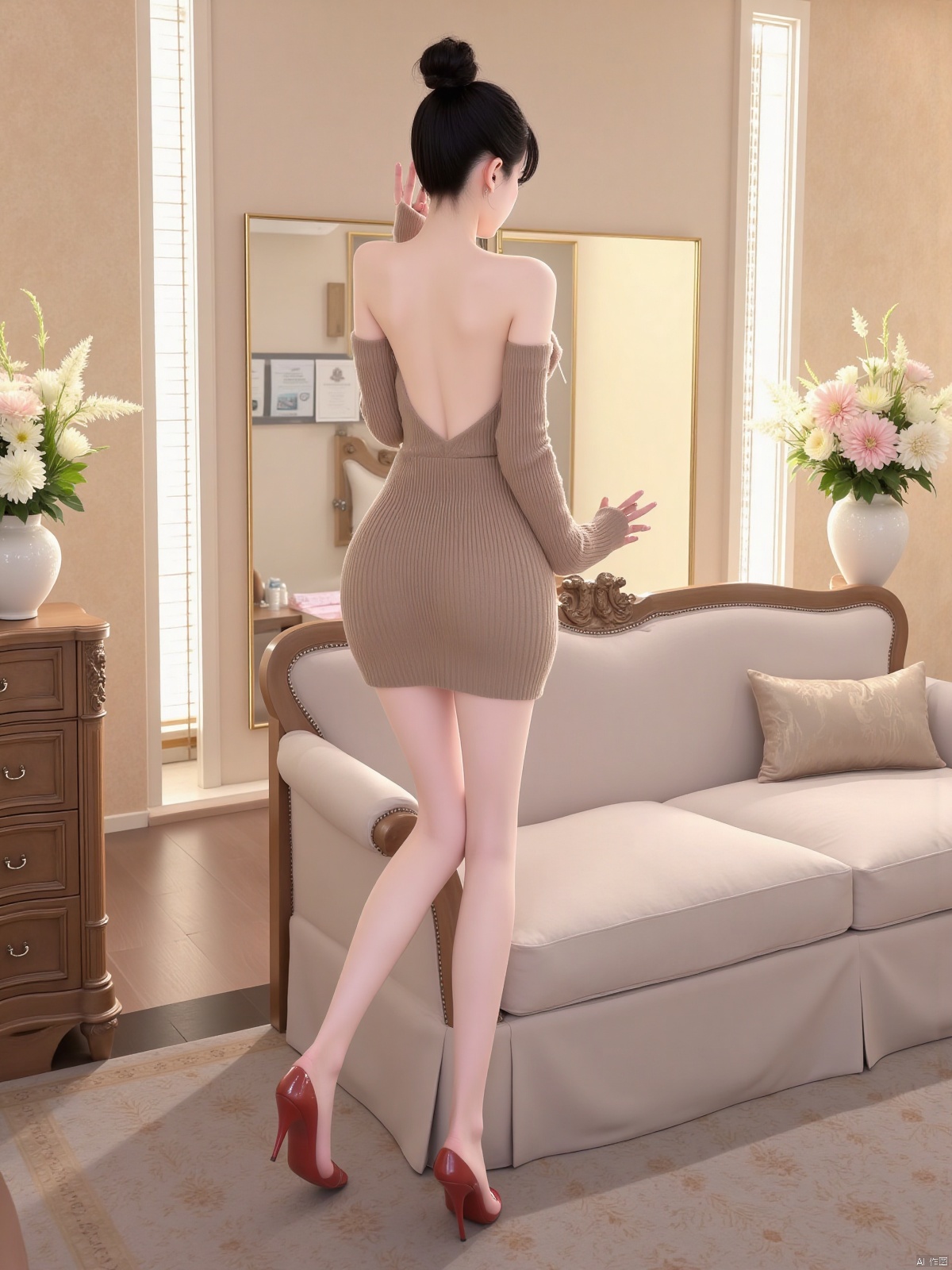 Realistic photo, 1girl, back view, fashionable bun, fair skin, backless sweater dress, long legs, high heels, full body, luxury living room, flowers,