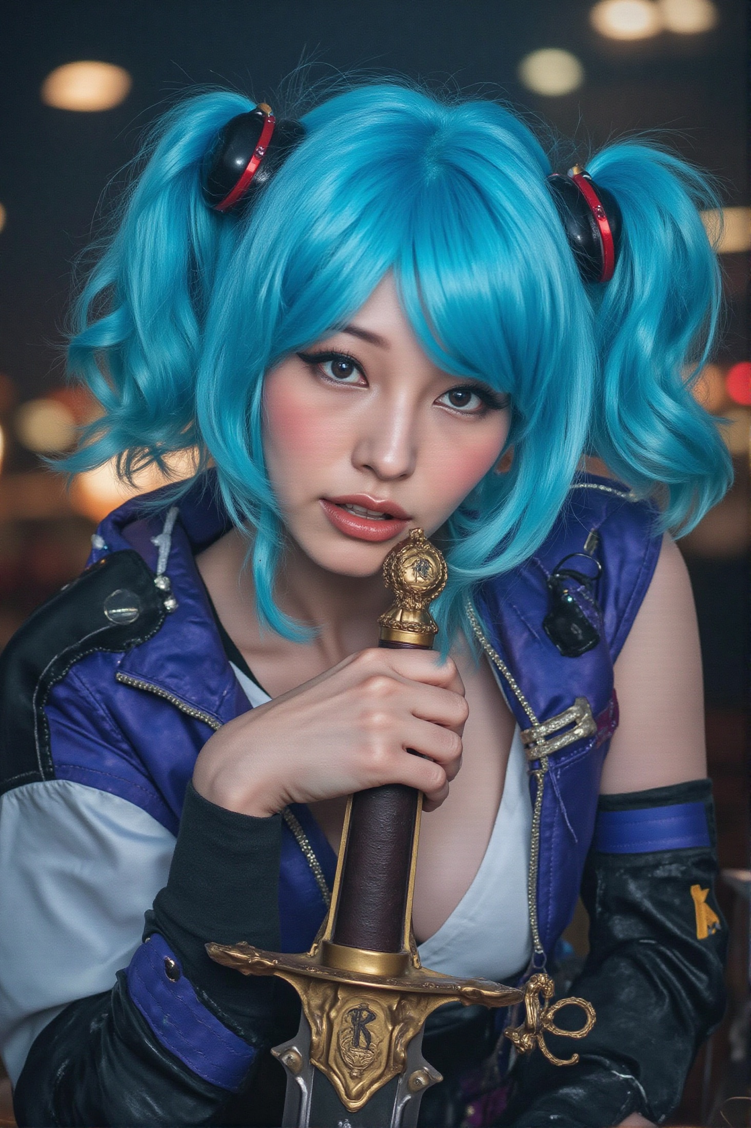 A vibrant portrait of a woman,  transformed into her favorite anime character,  with bright blue hair styled in exaggerate...