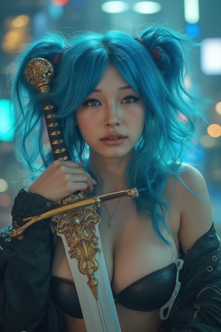 A vibrant portrait of a woman,  transformed into her favorite anime character,  with bright blue hair styled in exaggerate...