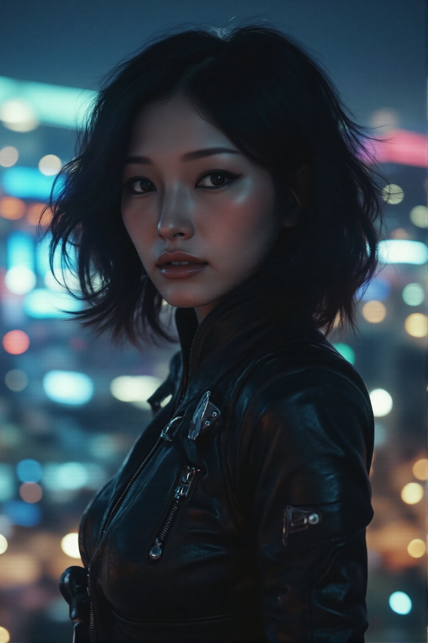 A stunning portrait of a woman stands out against the futuristic cityscape's neon glow. Soft,  even lighting illuminates h...