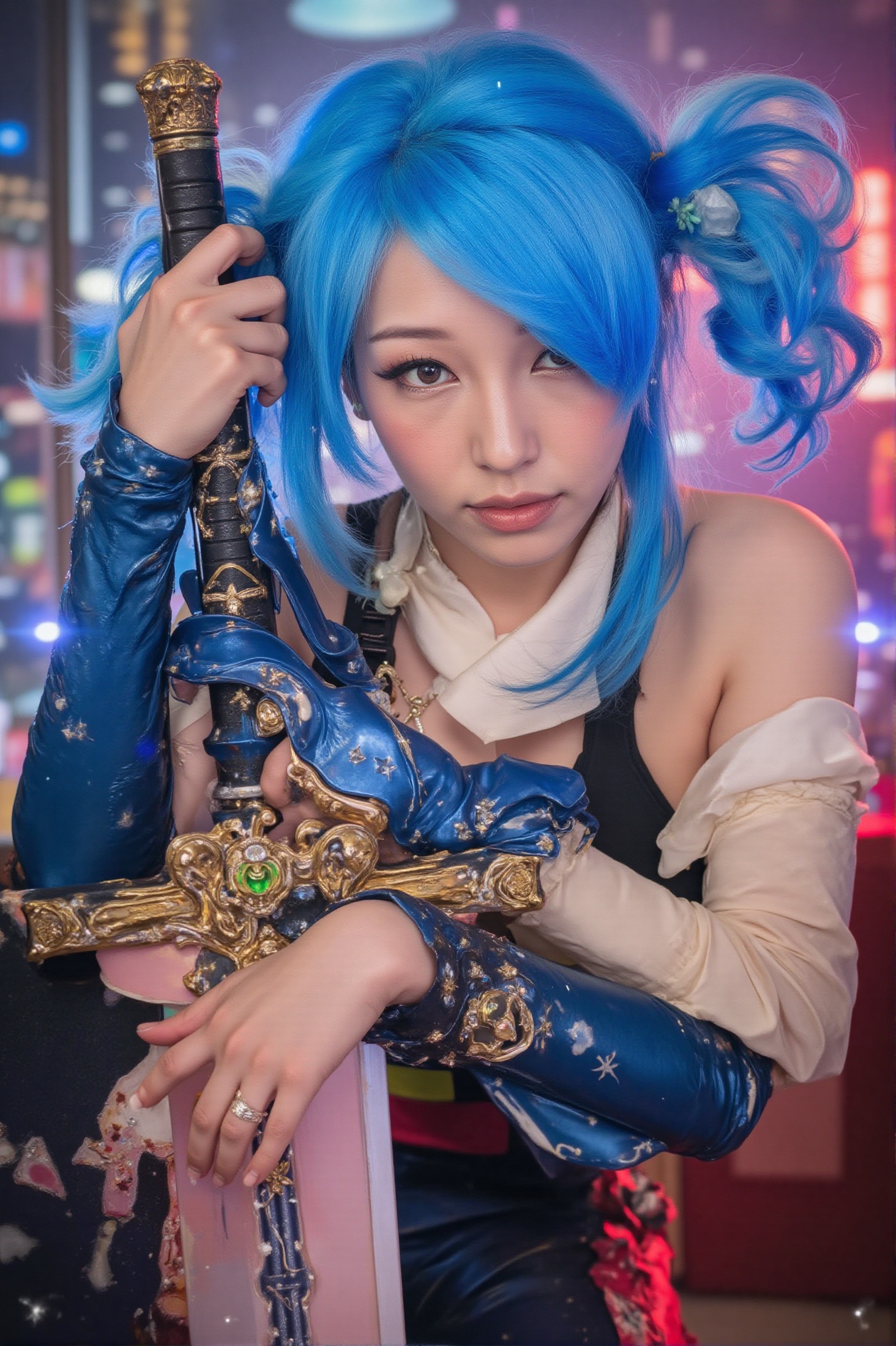 A vibrant studio portrait of a woman,  transformed into her favorite anime character,  with bright blue hair styled in exa...