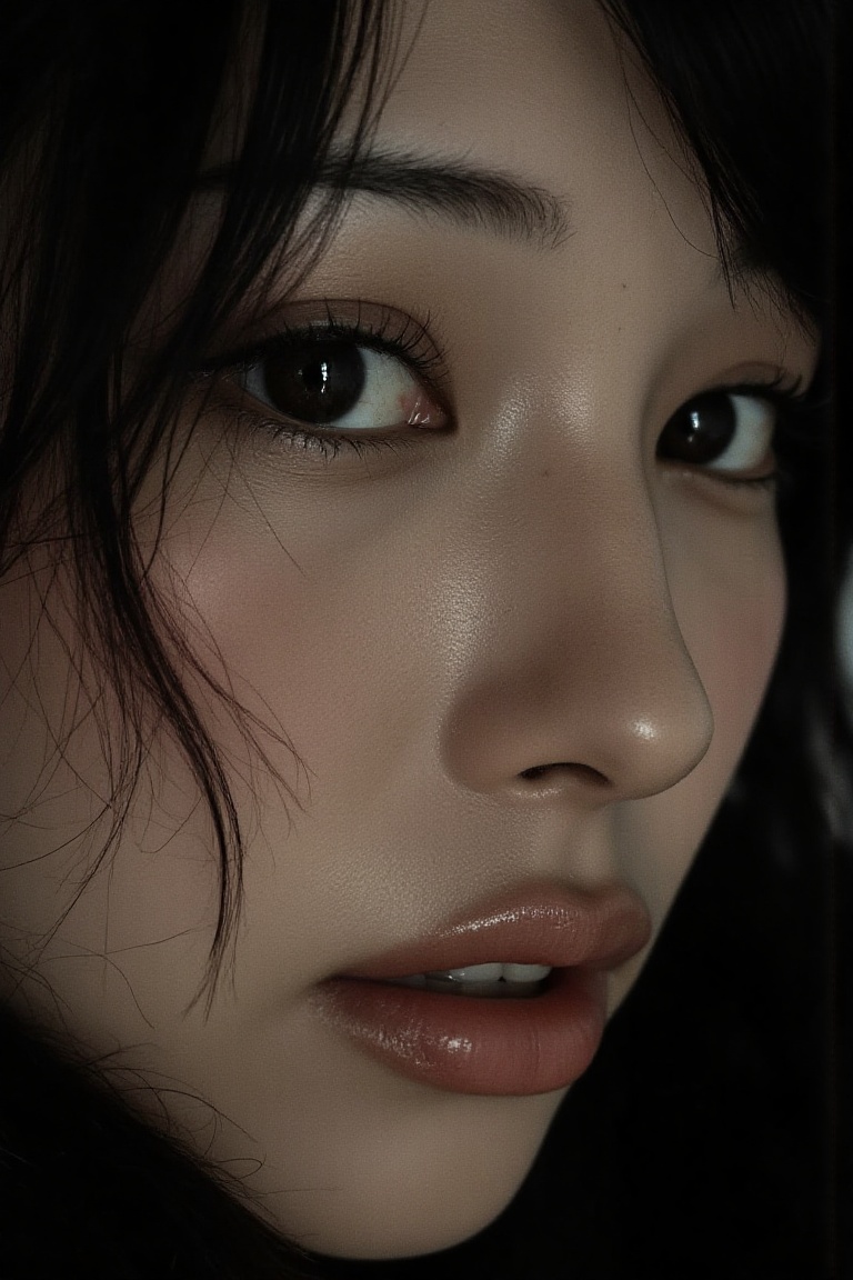 portrait inspired by Peter Lindbergh's photographic style of kritiflx,  a woman looking directly into the camera with an i...