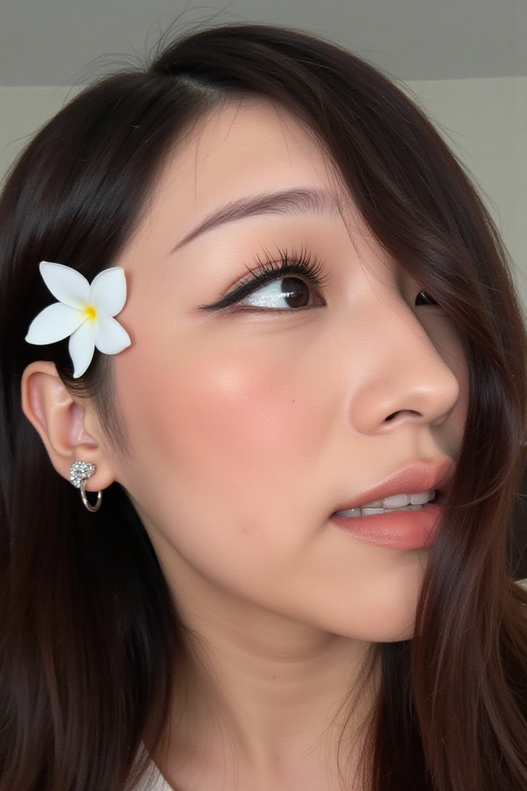 A close-up shot of a woman's face,  adorned with a white flower in her hair. The woman's eyes are adorned with long eyelas...