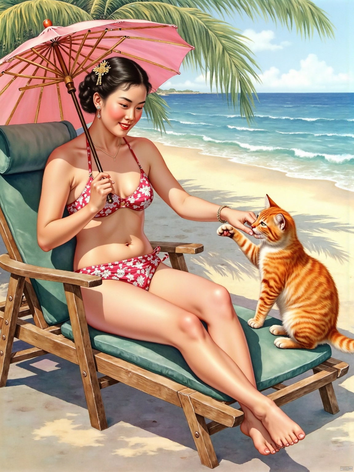 Era painting, a Chinese girl wearing a bikini swimsuit sitting on a lounge chair with a parasol, next to an orange cat licking its paws, with the beach and sea in the background,