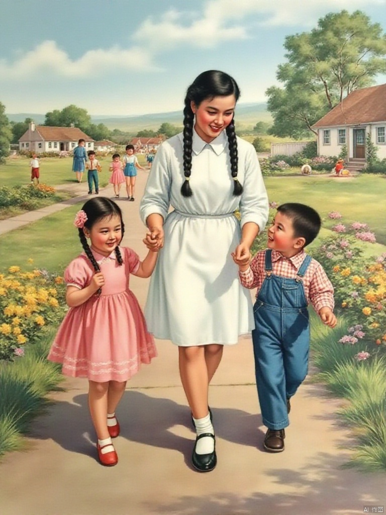 Era painting, a girl wearing a white dress, black hair, and two braids, holding a little girl in a pink dress with her left hand, and a boy in overalls with her right hand, walking on the path after school,