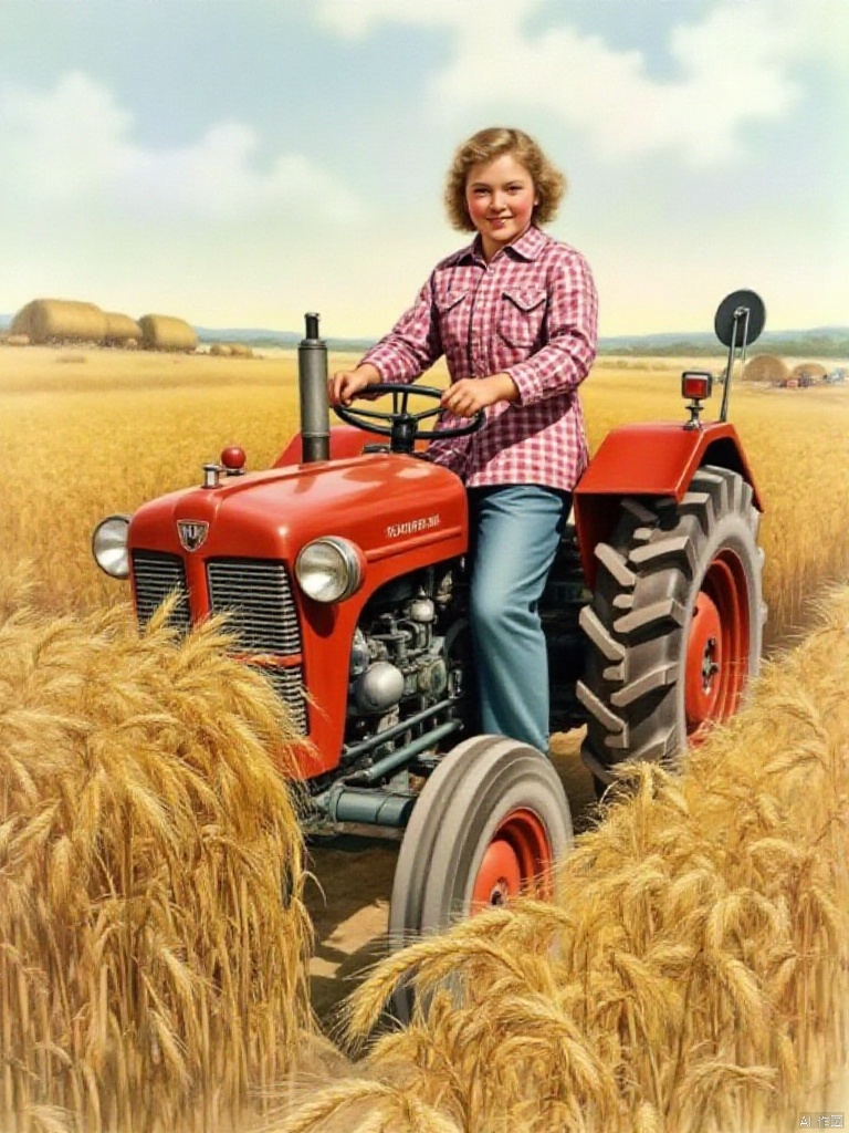 Era painting, a girl wearing a plaid shirt and blue-gray pants, driving a tractor in a golden wheat field